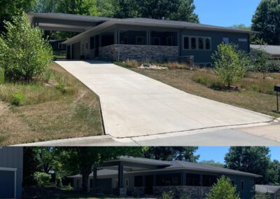 A modern single-story house with a flat roof, large windows, and a stone facade, featuring a concrete driveway in a suburban setting, depicted in two different angles.