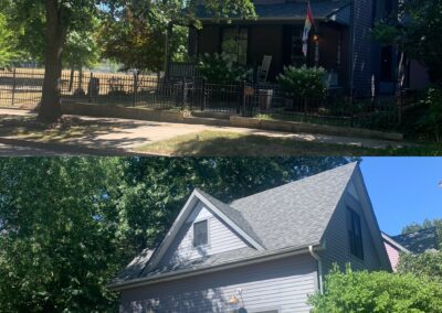 Two-story dark-colored house with a front porch on a sunny day, above; one-story light gray house with shutters on a sunny day, below.