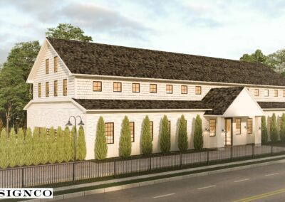 Architectural rendering of a large two-story building with white siding and a dark roof, featuring a landscaped front with tall green shrubs.